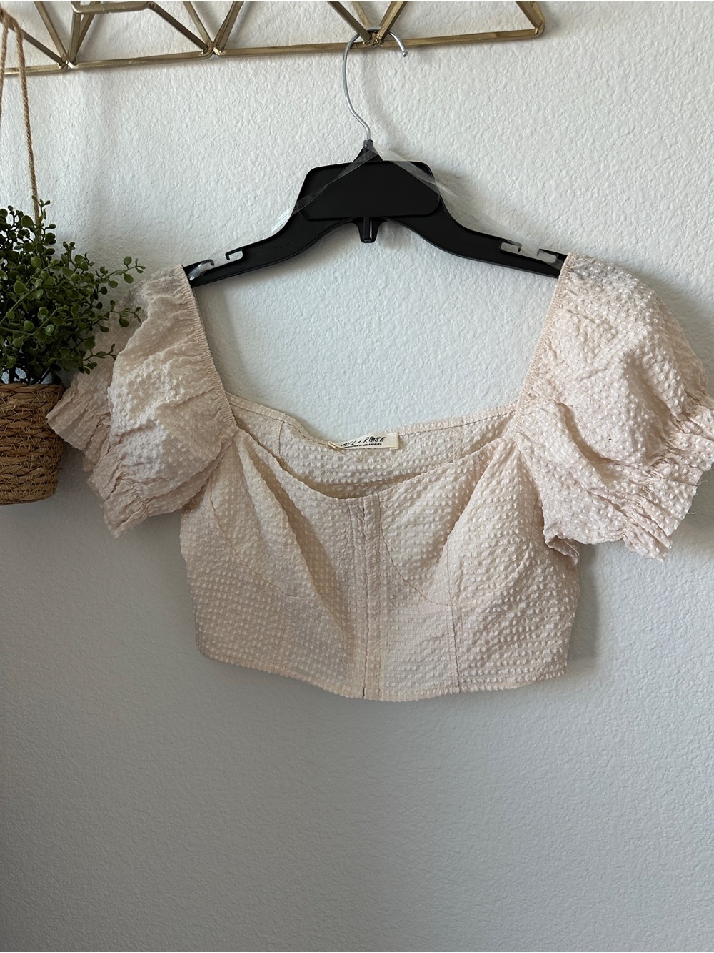 Textured Puff-Sleeve Crop Top in Light Blush